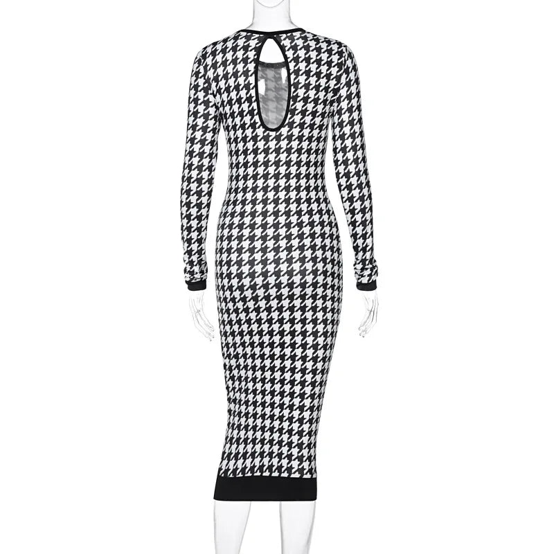 Elegant Houndstooth Print Bodycon Dress – Women's Long-Sleeve Hollow-Out Midi Dress for Autumn & Winter Streetwear