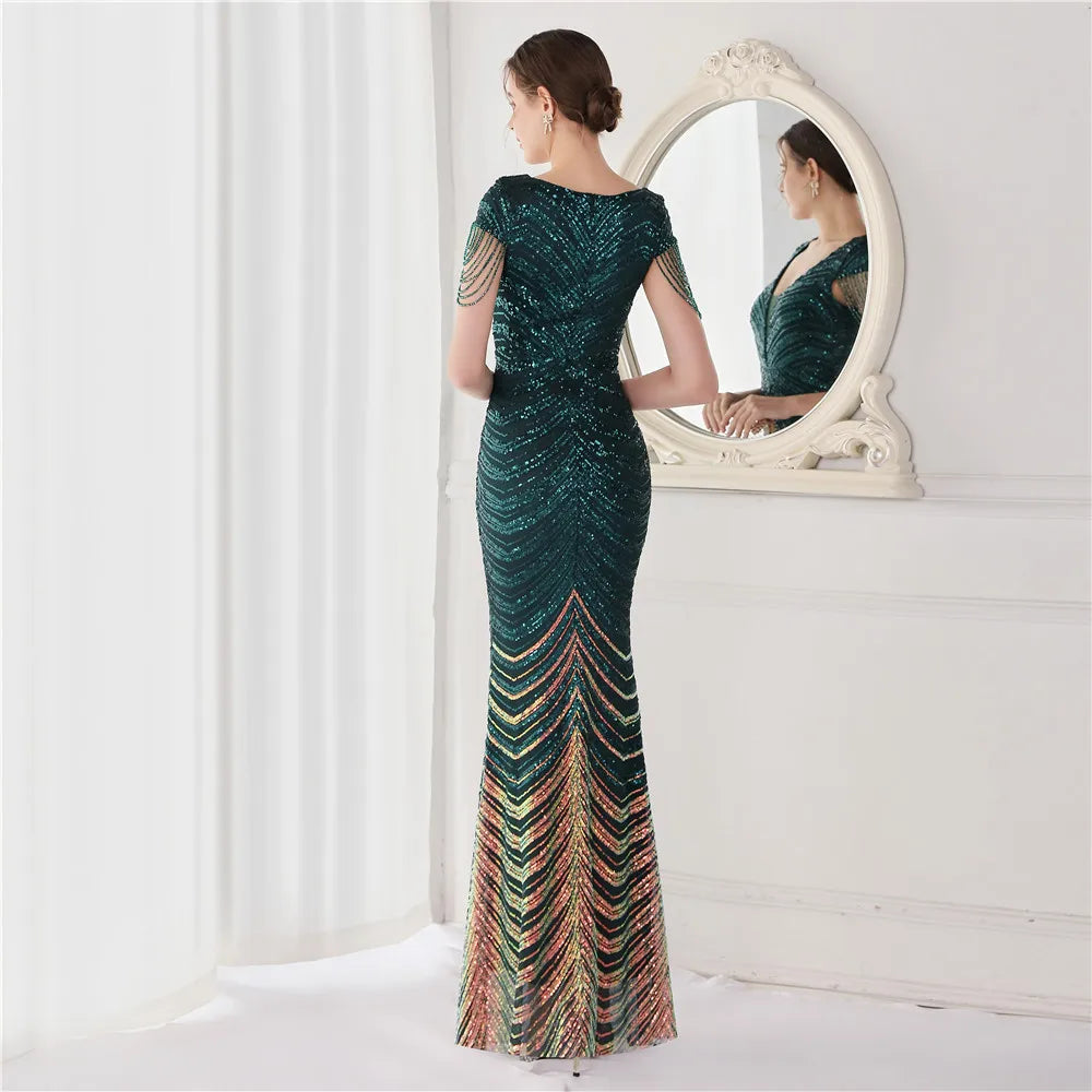 DEERVEADO V-Neck Mermaid Evening Dress – Beaded Long Formal Party Gown for Women