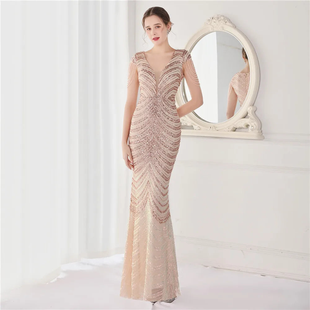 DEERVEADO V-Neck Mermaid Evening Dress – Beaded Long Formal Party Gown for Women