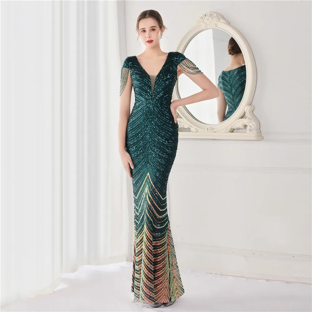 DEERVEADO V-Neck Mermaid Evening Dress – Beaded Long Formal Party Gown for Women
