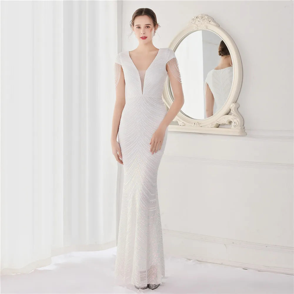 DEERVEADO V-Neck Mermaid Evening Dress – Beaded Long Formal Party Gown for Women