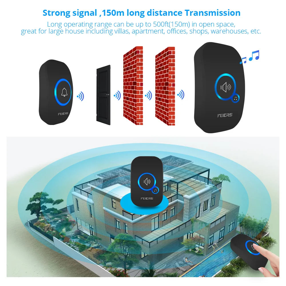 Fuers M557 Long-Range Wireless Doorbell – 433MHz Smart Welcome Chime with 32 Melodies