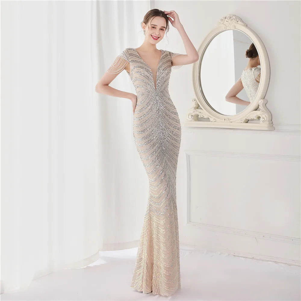 DEERVEADO V-Neck Mermaid Evening Dress – Beaded Long Formal Party Gown for Women