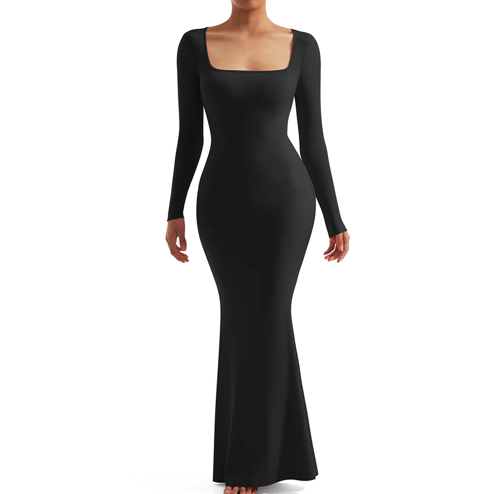 Black Long Sleeve Bodycon Dress – XL Size Stretchy Knit Fashion Party Dress for Women