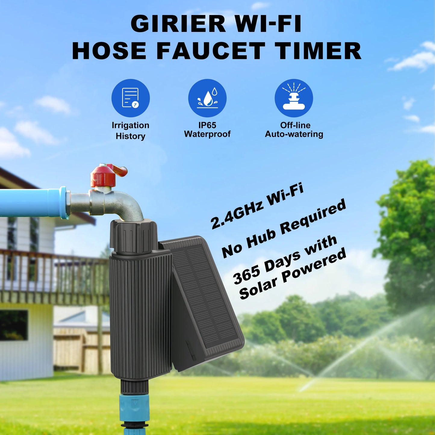 GIRIER Smart Water Timer Solar-Powered WiFi Sprinkler Controller with Brass Inlet