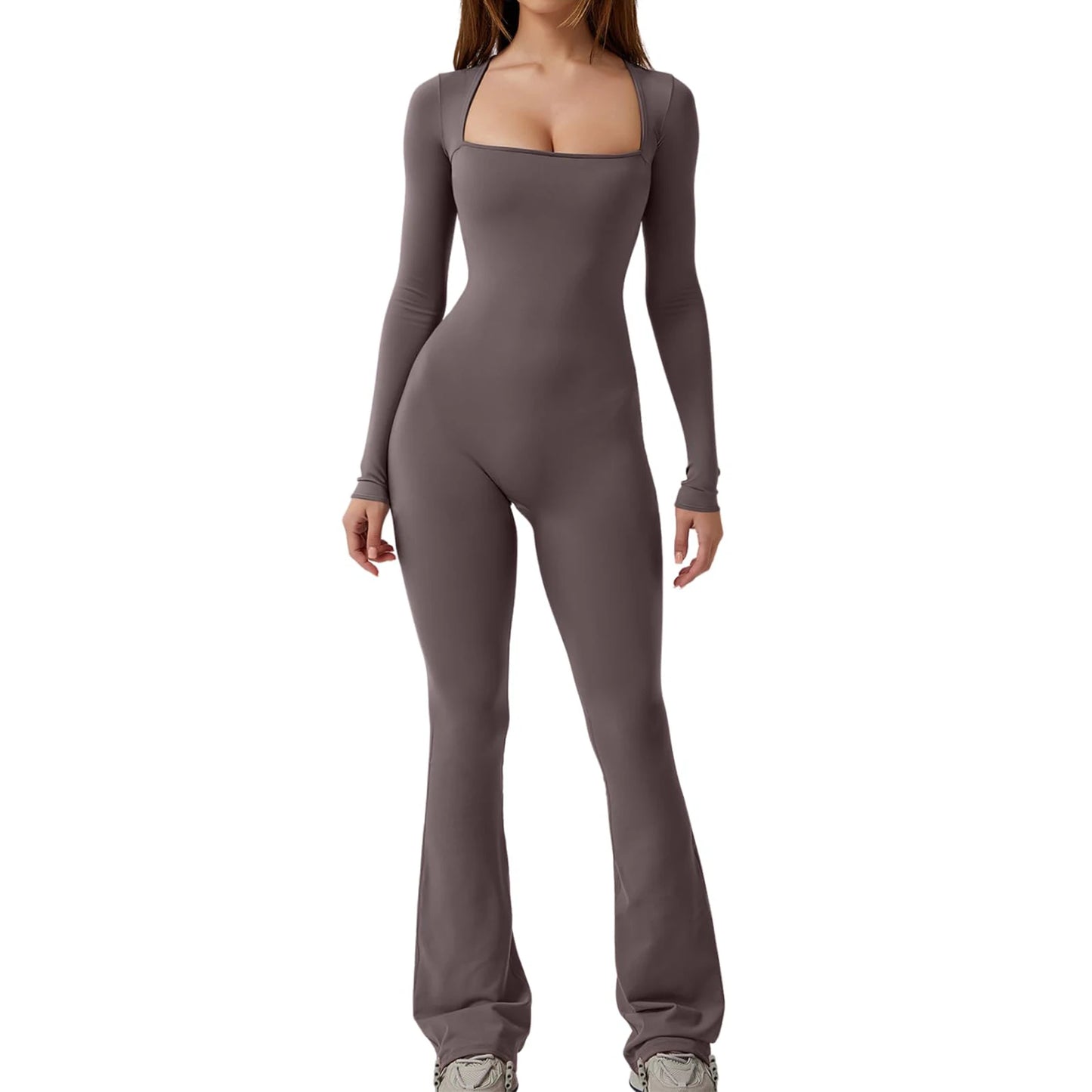 "Women's Slim Fit Long Sleeve Square Neck Jumpsuit - Autumn Romper"