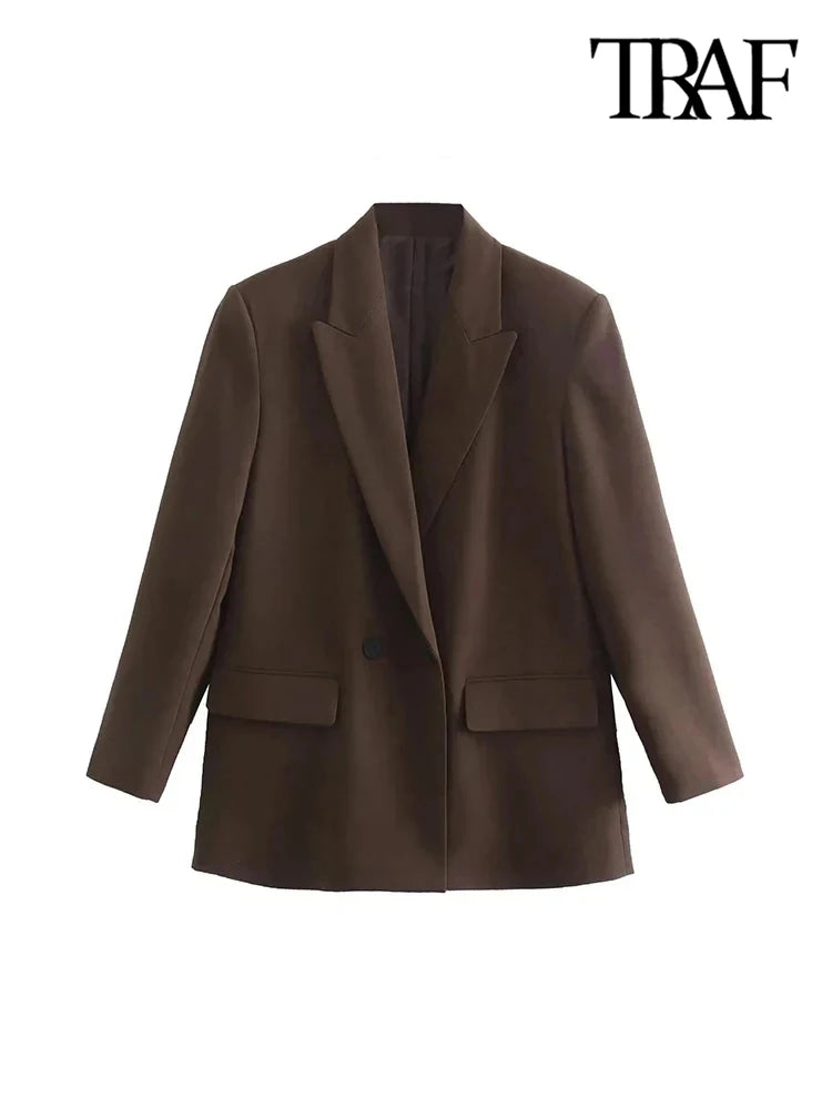 Chic Double-Breasted Blazer Coat – Women's Loose-Fit Long Sleeve Vintage Outerwear with Pockets