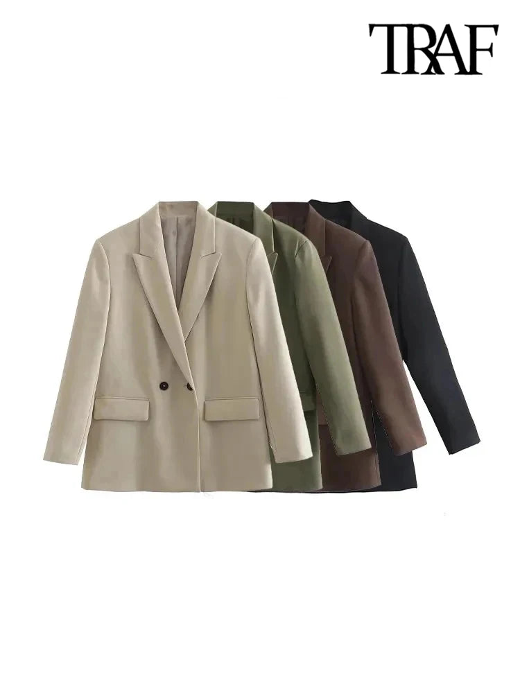 Chic Double-Breasted Blazer Coat – Women's Loose-Fit Long Sleeve Vintage Outerwear with Pockets