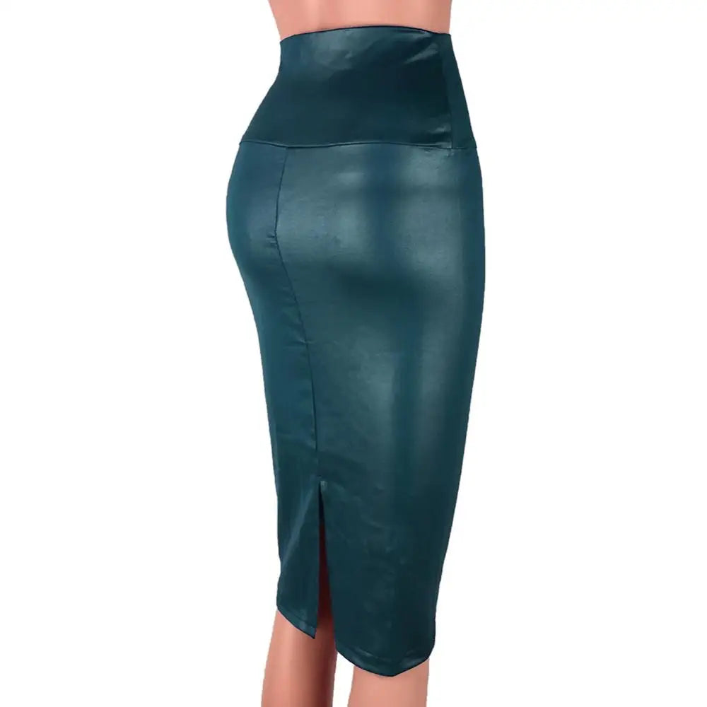 Elegant High-Waist Faux Leather Pencil Skirt – Knee-Length Bodycon with Side Split