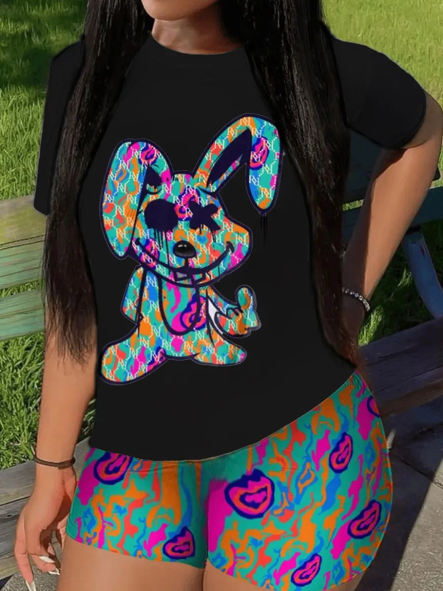 2023 Women's Casual O-neck Cartoon Print T-Shirt & Shorts Set