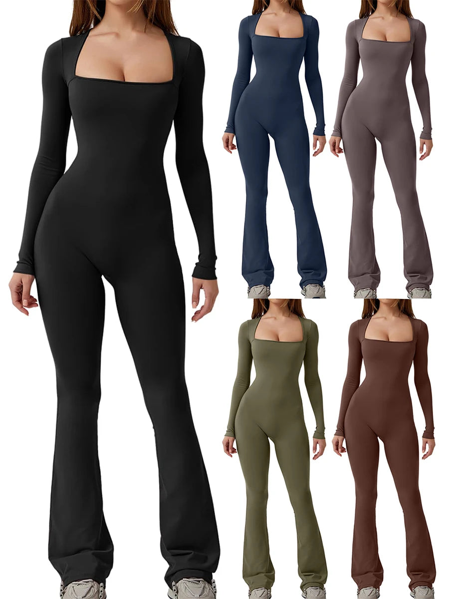 "Women's Slim Fit Long Sleeve Square Neck Jumpsuit - Autumn Romper"