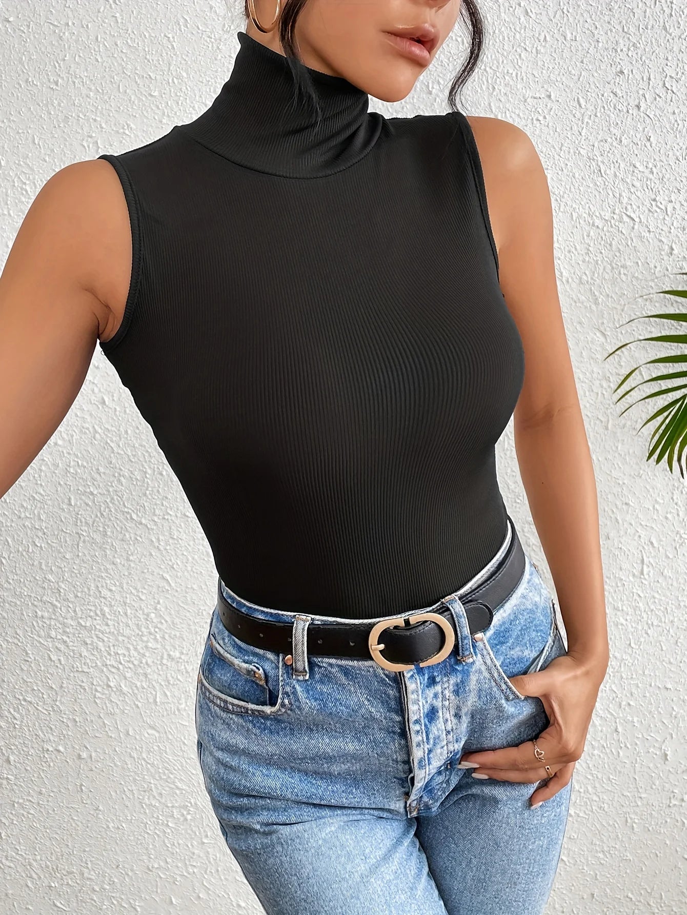 Solid Color High Neck Slim Fit Ribbed Knitted Sleeveless Sweater for Women