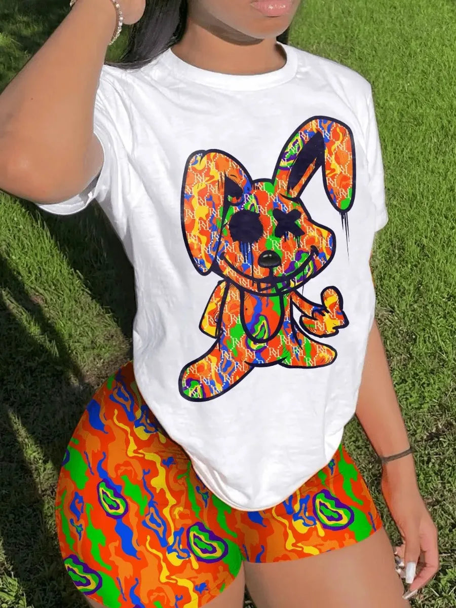 2023 Women's Casual O-neck Cartoon Print T-Shirt & Shorts Set