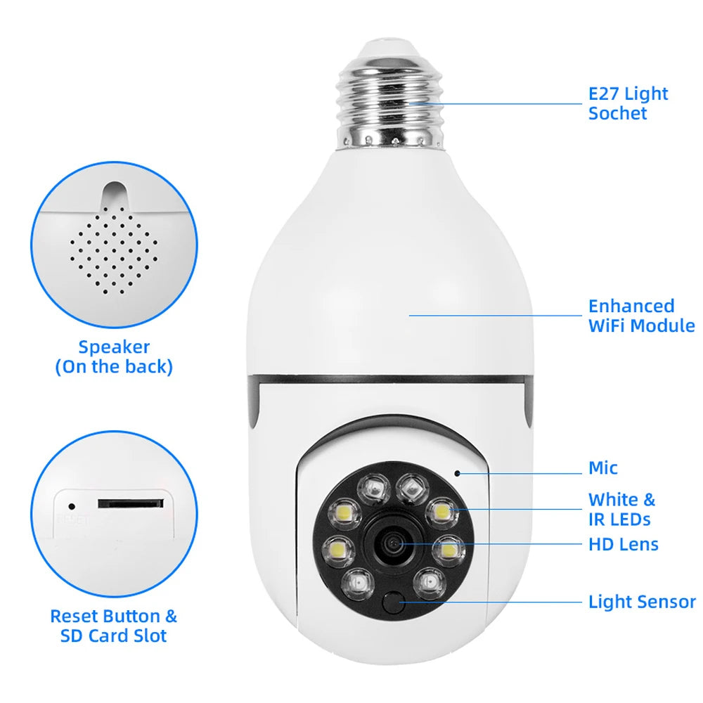 WiFi E27 Bulb PTZ Camera, 4X Digital Zoom, AI Human Motion Detection, Full Color Night Vision, Wireless Home Surveillance Camera