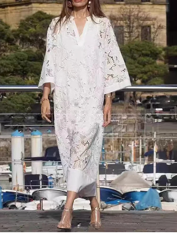 Elegant White Lace Hollow Evening Dress – V-Neck Contrast Patchwork Mesh Party Dress for Women