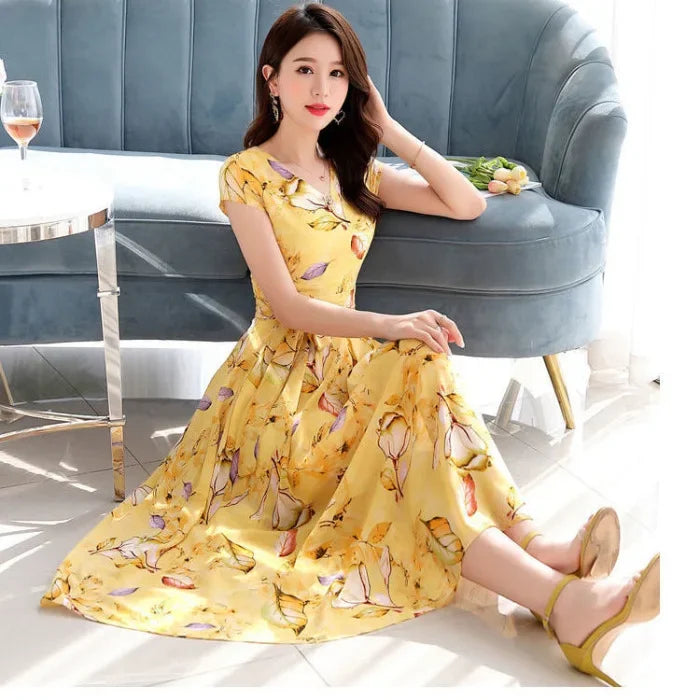 V-Neck Short Sleeve Waist-Fitted Dress – Elegant Slimming Summer Midi Dress for Women