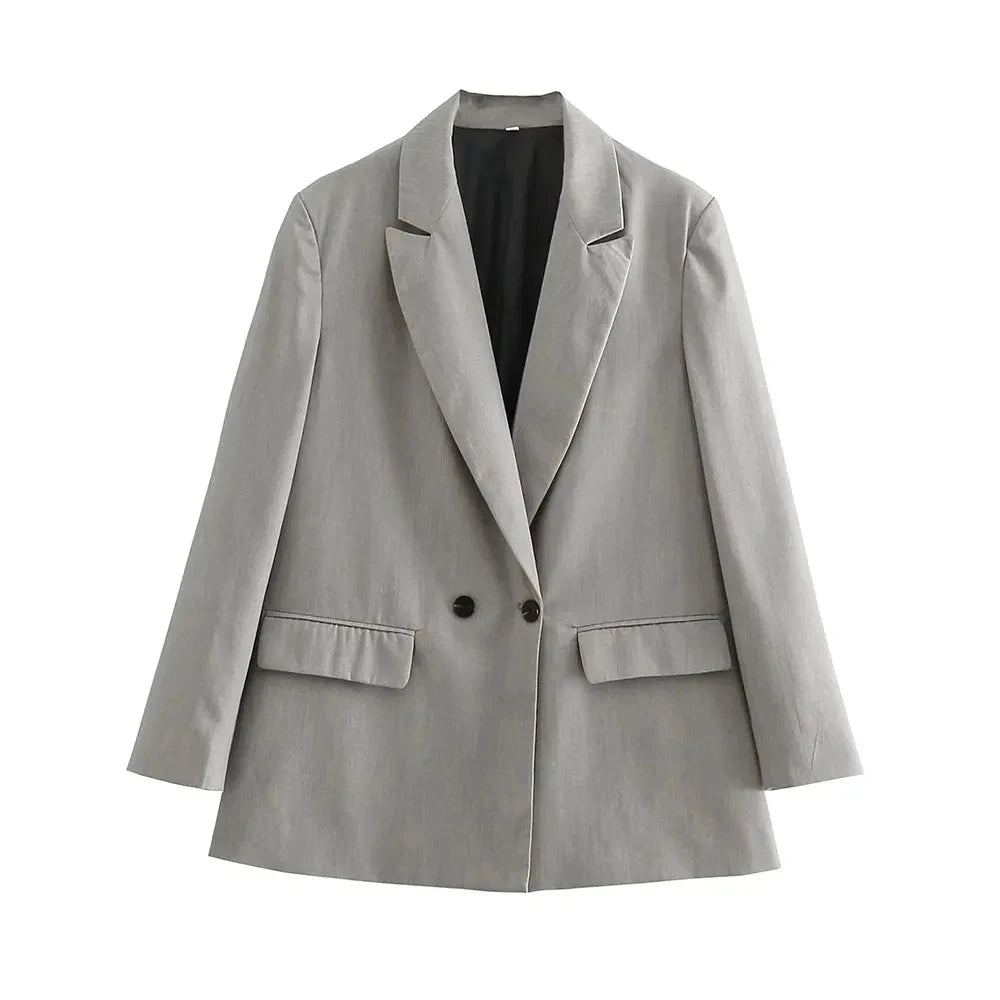 Chic Double-Breasted Blazer Coat – Women's Loose-Fit Long Sleeve Vintage Outerwear with Pockets