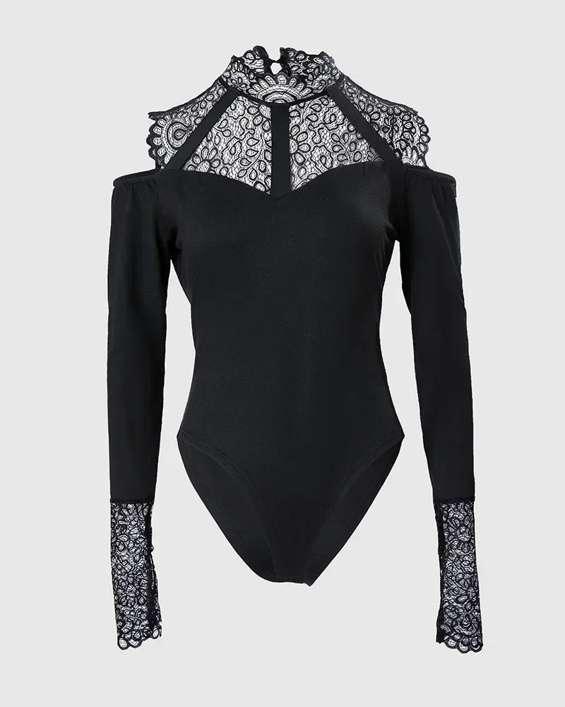 Cold Shoulder Lace Bodysuit – Long Sleeve, Slim Fit