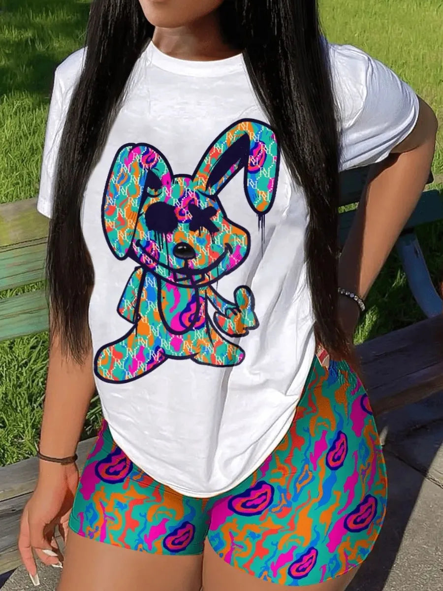 2023 Women's Casual O-neck Cartoon Print T-Shirt & Shorts Set