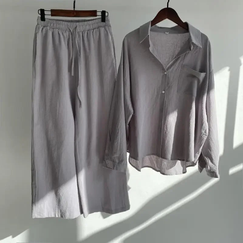 2023 Spring Summer Vintage Cotton Linen Loose Fit Trousers & Shirt Suit