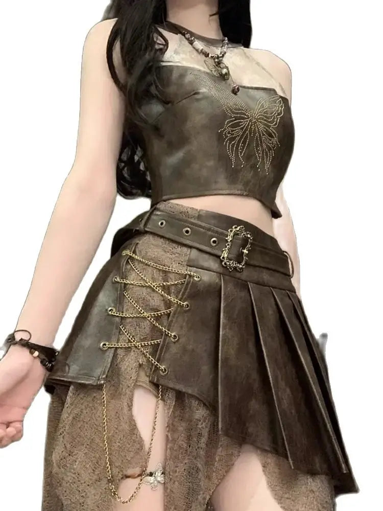 Cool Design Sleeveless Top with High Waist Irregular Lace Retro Set