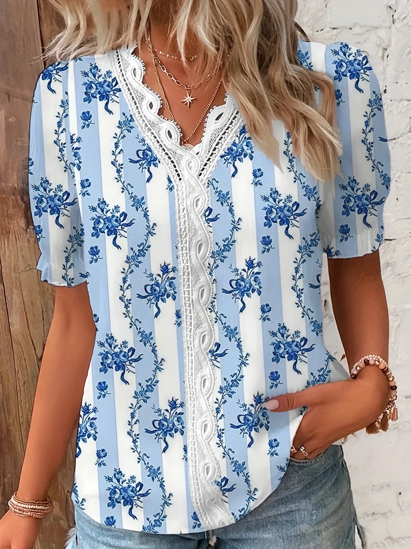 Elegant V-Neck Hollow-Out Blouse – Women's Striped Jacquard Summer Top for Casual & Vacation Wear