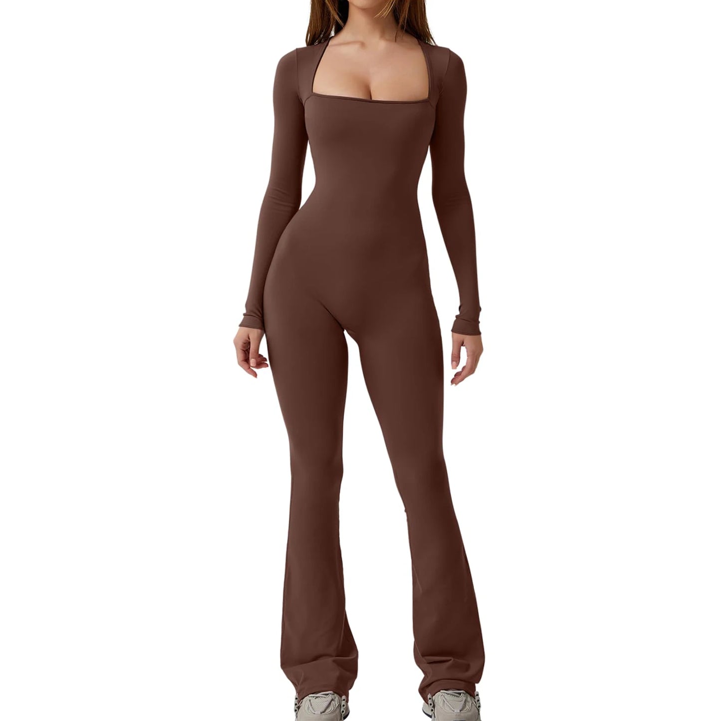 "Women's Slim Fit Long Sleeve Square Neck Jumpsuit - Autumn Romper"