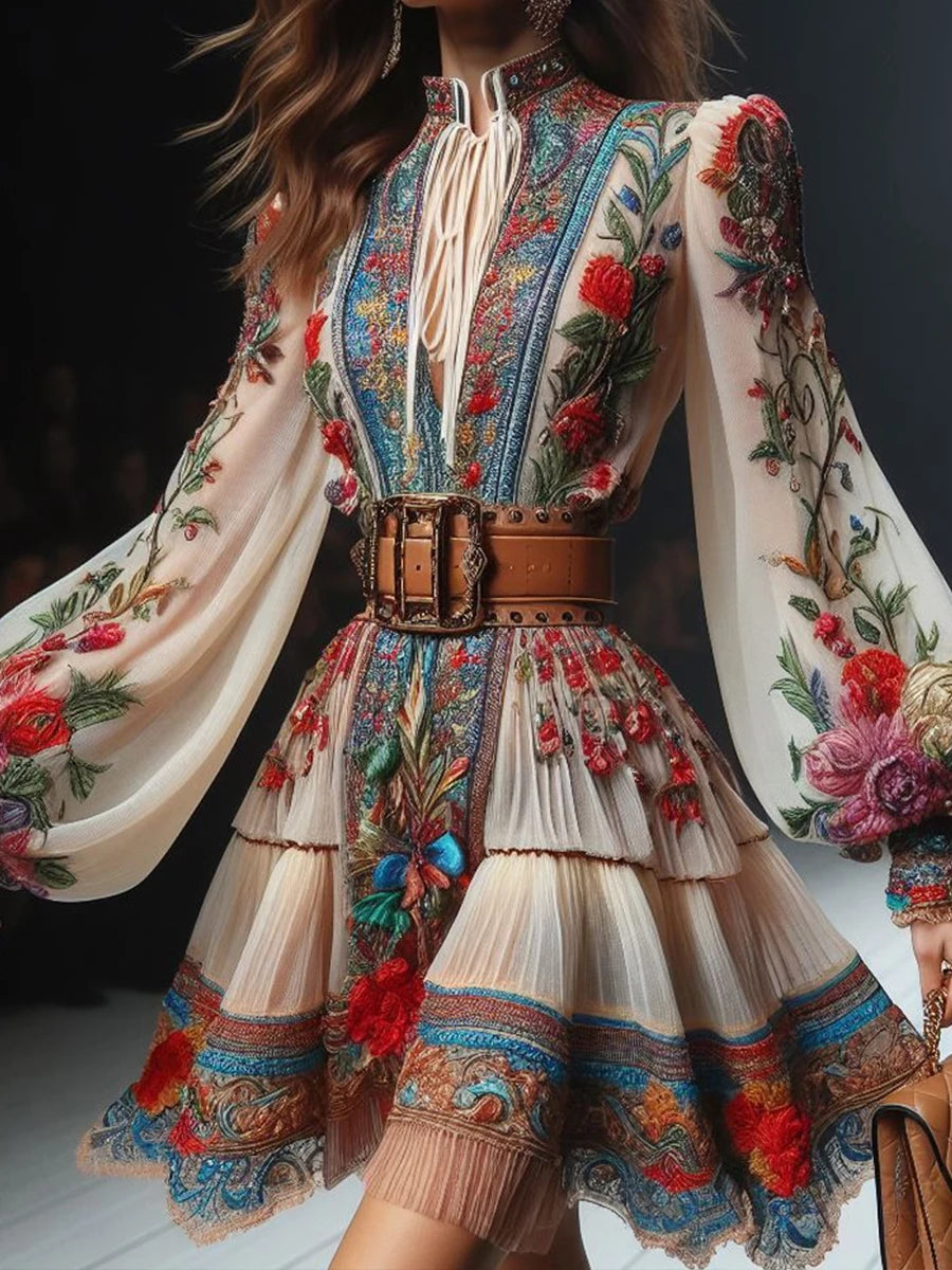 Boho Floral Lace-Up Chiffon Mini Dress