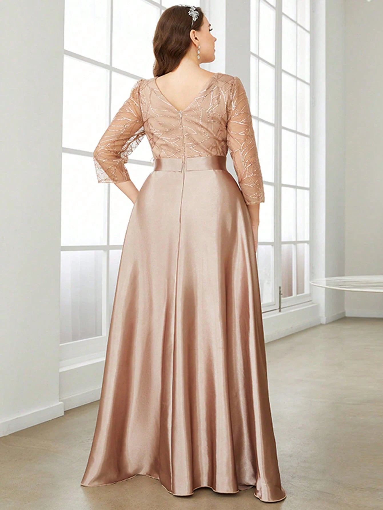 Mgiacy Sequin Patchwork Satin Gown – Crew Neck Long Sleeve Ball Party Dress