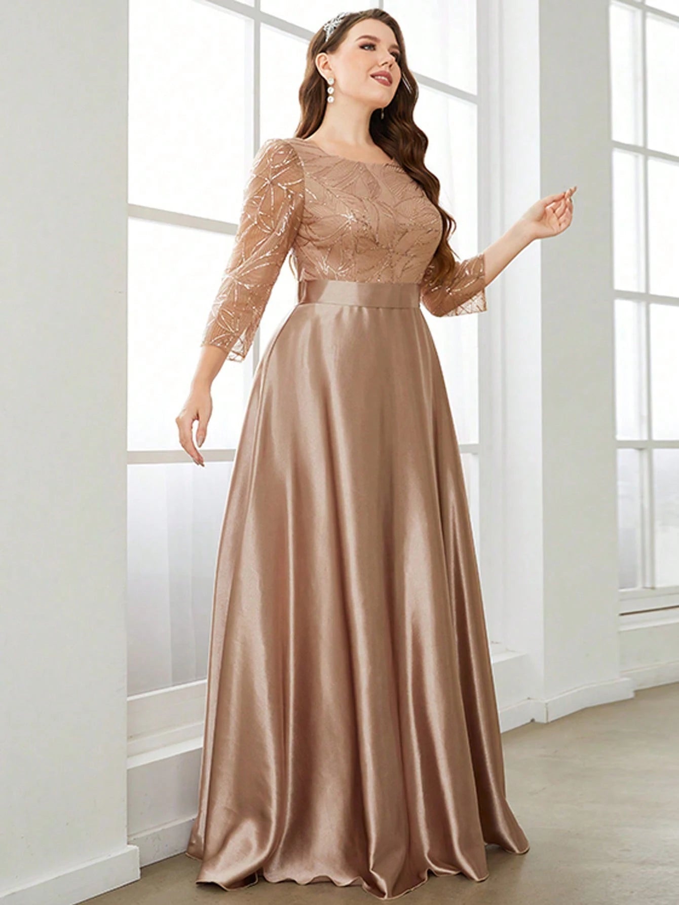 Mgiacy Sequin Patchwork Satin Gown – Crew Neck Long Sleeve Ball Party Dress