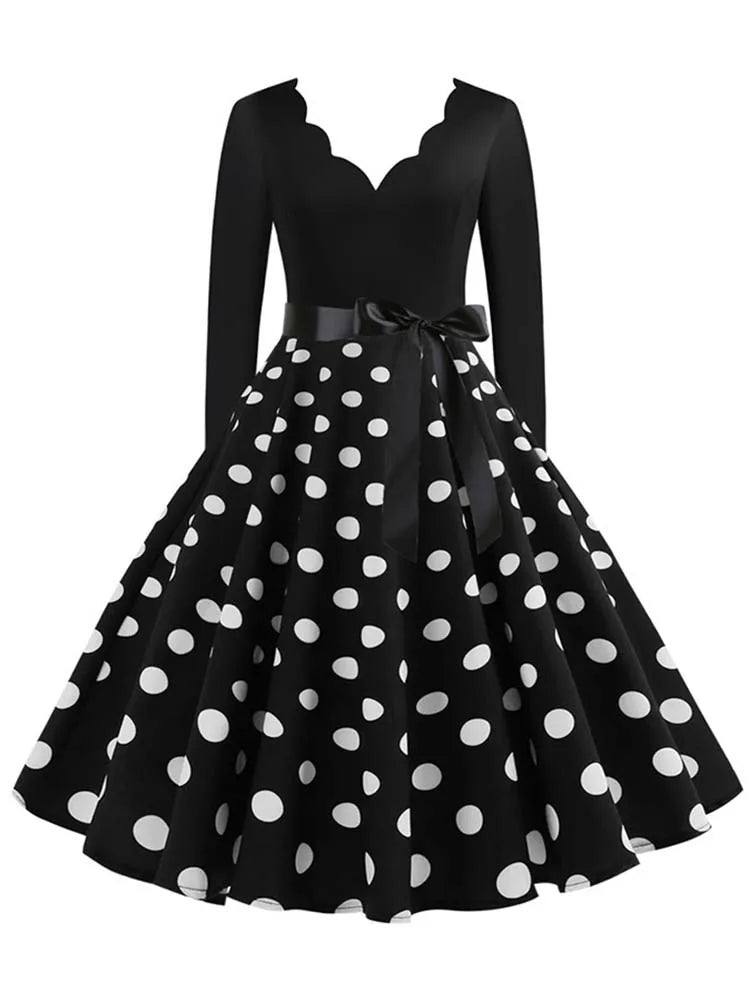 Vintage Polka Dot Dress – Long Sleeve 3XL Party Dress for Women