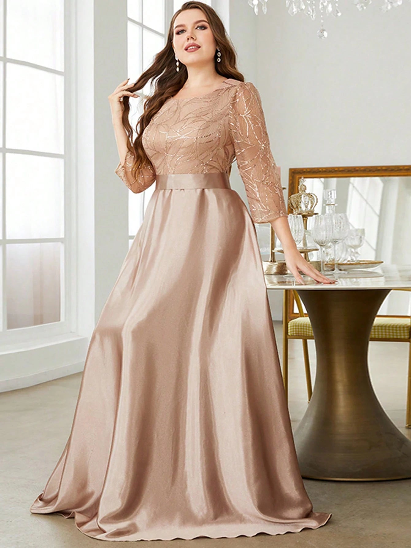 Mgiacy Sequin Patchwork Satin Gown – Crew Neck Long Sleeve Ball Party Dress