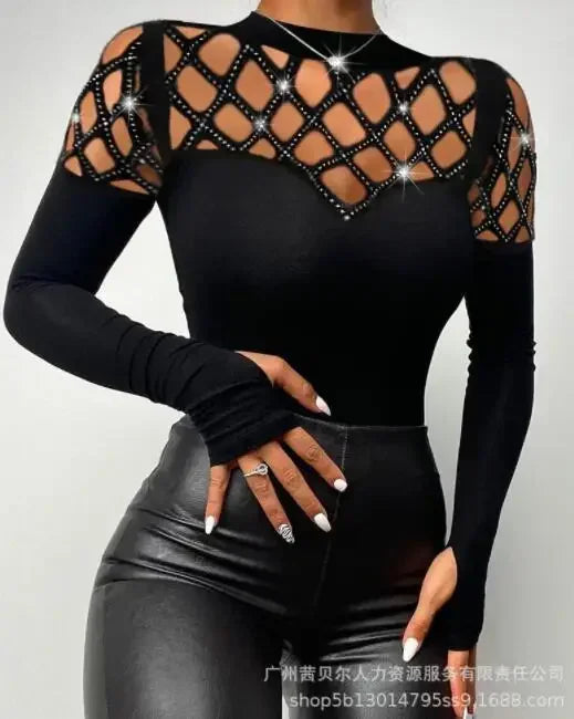 Cold Shoulder Lace Bodysuit – Long Sleeve, Slim Fit