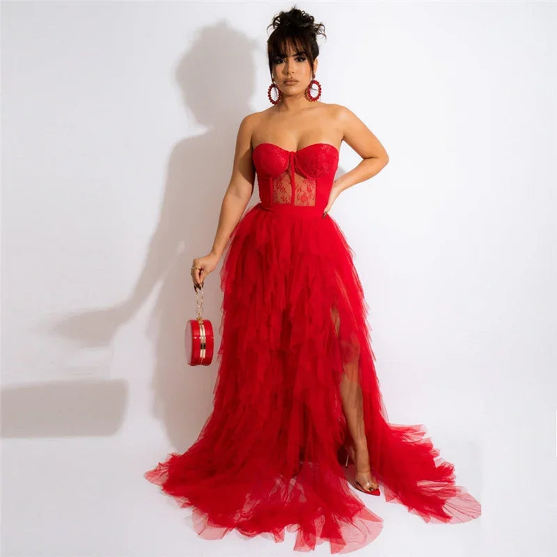 Sexy Tulle Ruffle Evening Gown – Off Shoulder Strapless Lace Maxi Ball Dress for Women