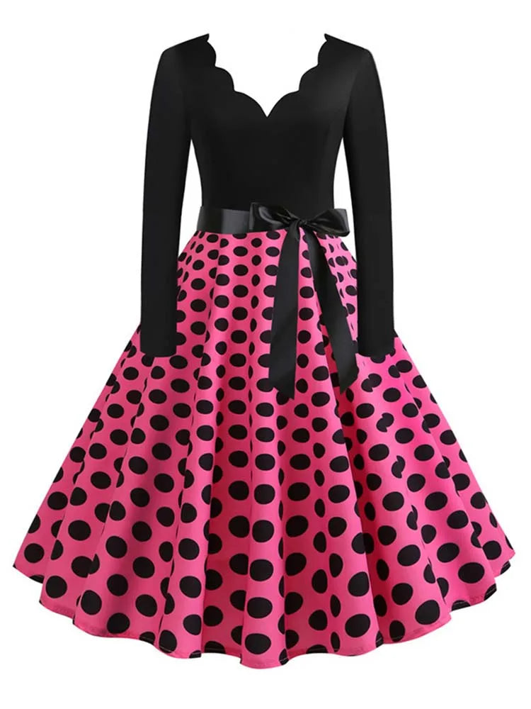 Vintage Polka Dot Dress – Long Sleeve 3XL Party Dress for Women