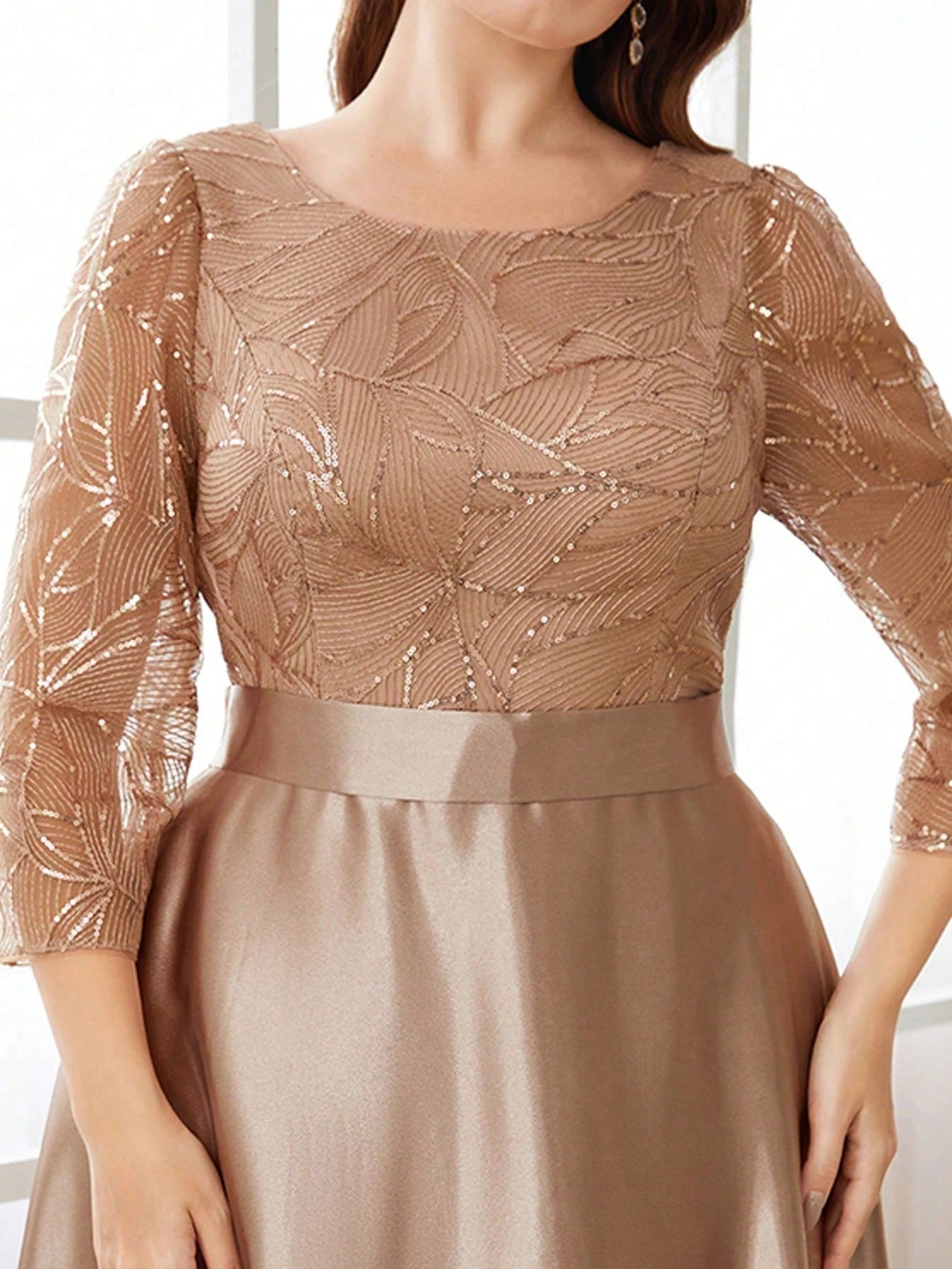 Mgiacy Sequin Patchwork Satin Gown – Crew Neck Long Sleeve Ball Party Dress