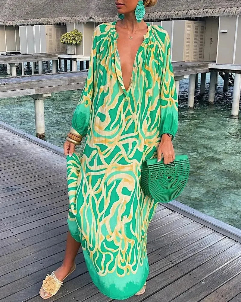 Bohemian Deep V-Neck Maxi Dress – Lantern Sleeve Vintage Beach Cover-Up for Women