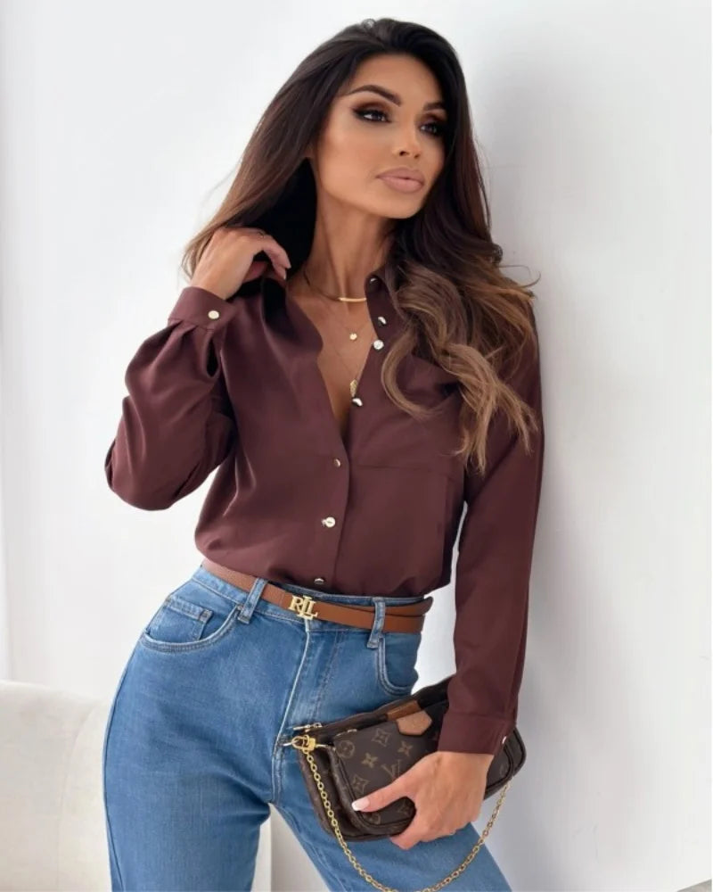 Elegant V-Neck Chiffon Blouse – Women's Oversized Long-Sleeve Shirt for Office & Casual Wear