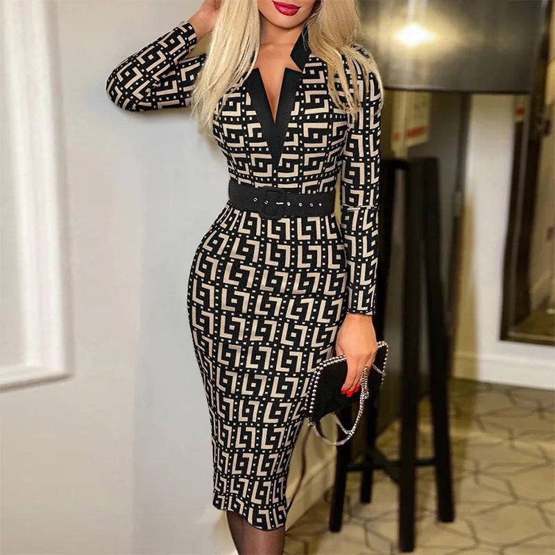 Geometric Pattern V-Neck Midi Dress – Long Sleeve Knit Bodycon with Belt