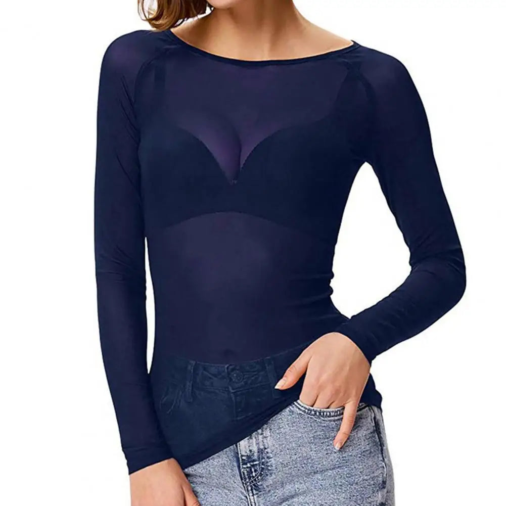 Women's Sheer Mesh Long Sleeve Top – Solid Color Punk Club Shirt