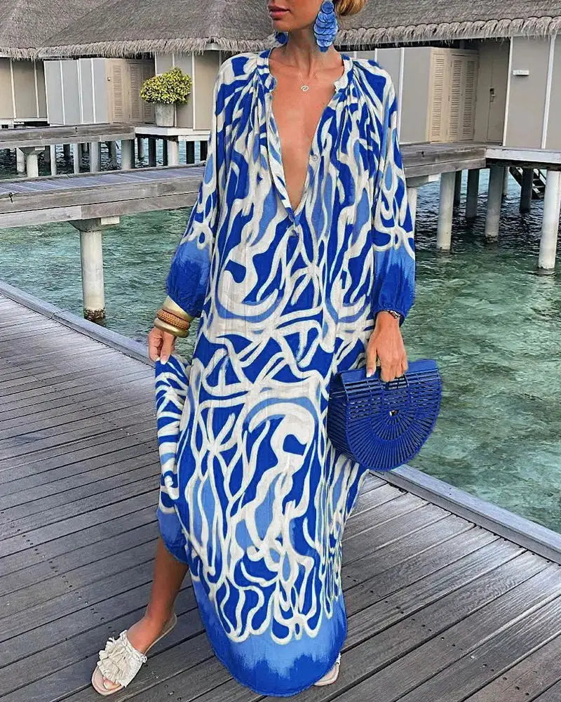 Bohemian Deep V-Neck Maxi Dress – Lantern Sleeve Vintage Beach Cover-Up for Women