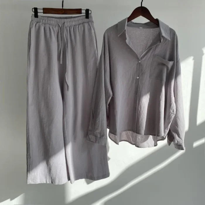 2023 Spring Summer Vintage Cotton Linen Loose Fit Trousers & Shirt Suit