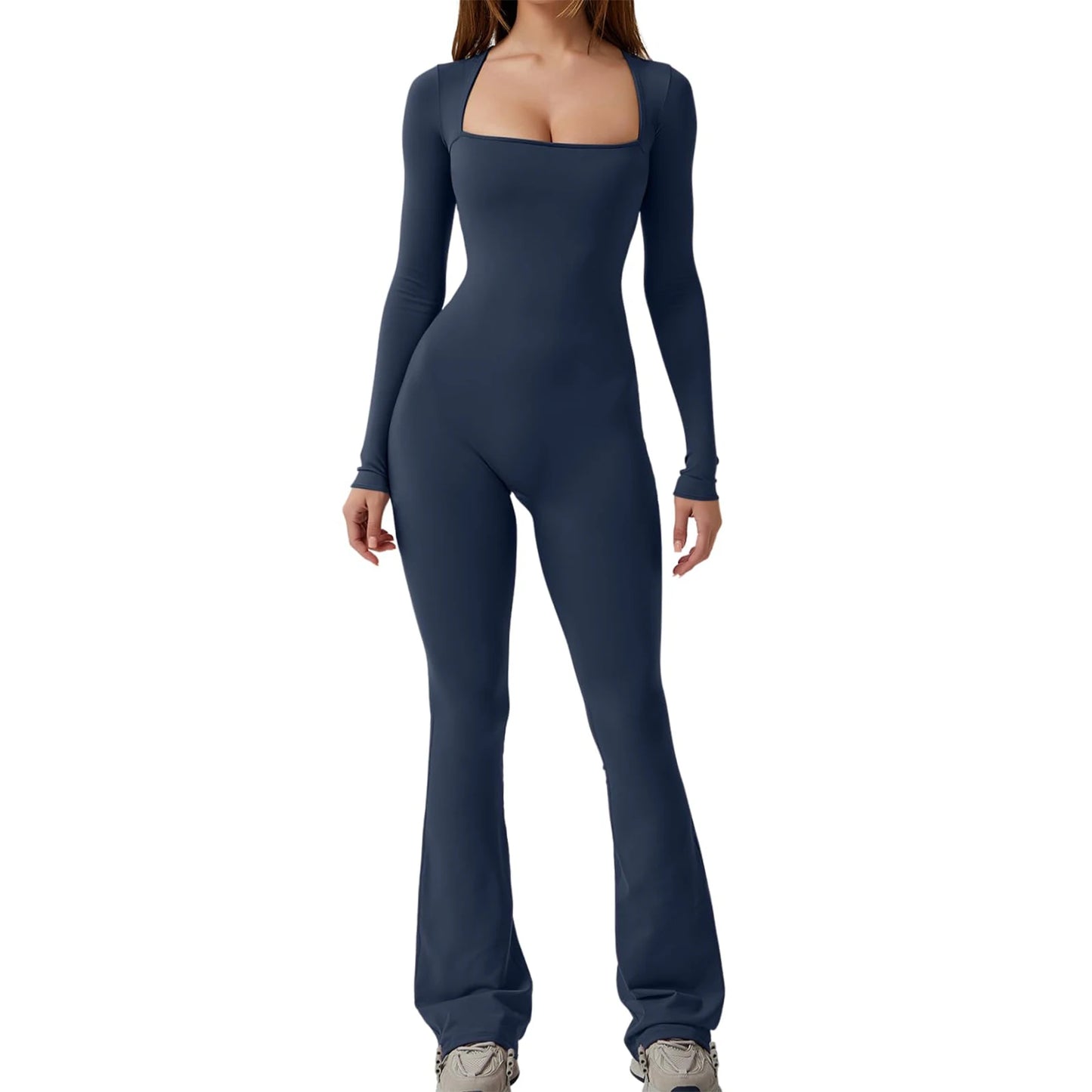 "Women's Slim Fit Long Sleeve Square Neck Jumpsuit - Autumn Romper"