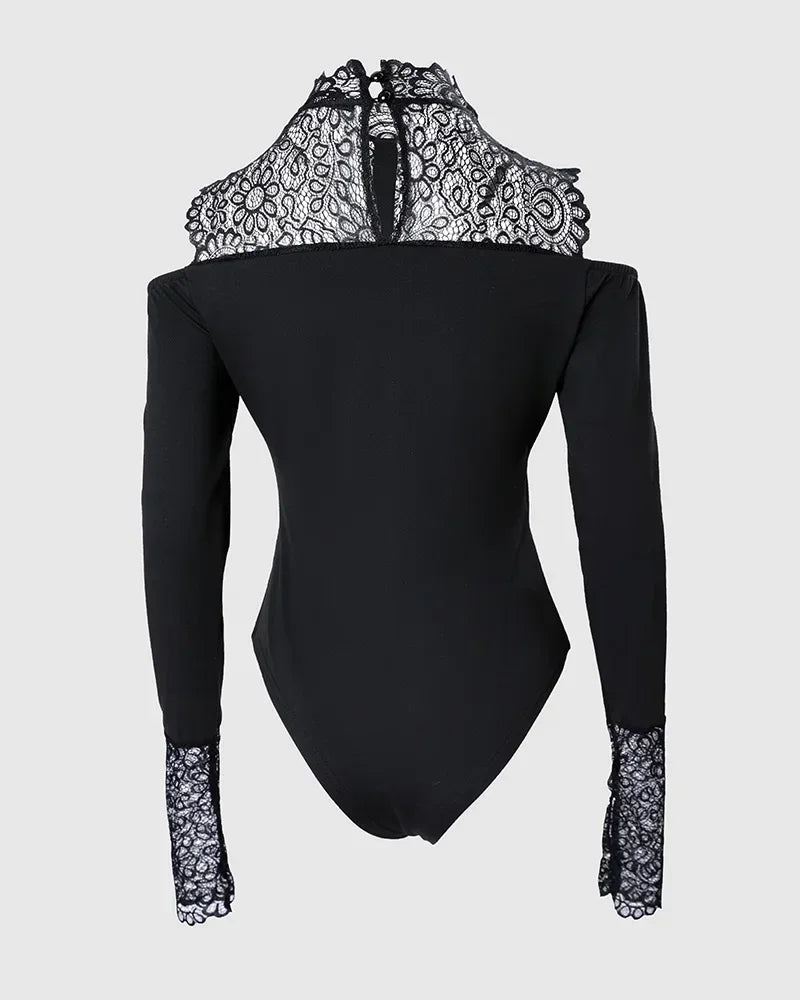 Cold Shoulder Lace Bodysuit – Long Sleeve, Slim Fit