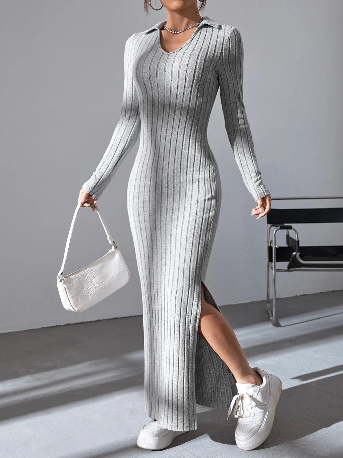 Sexy Knit V-Neck Split Dress – Elastic Full Sleeve Body Sweater for Autumn Winter