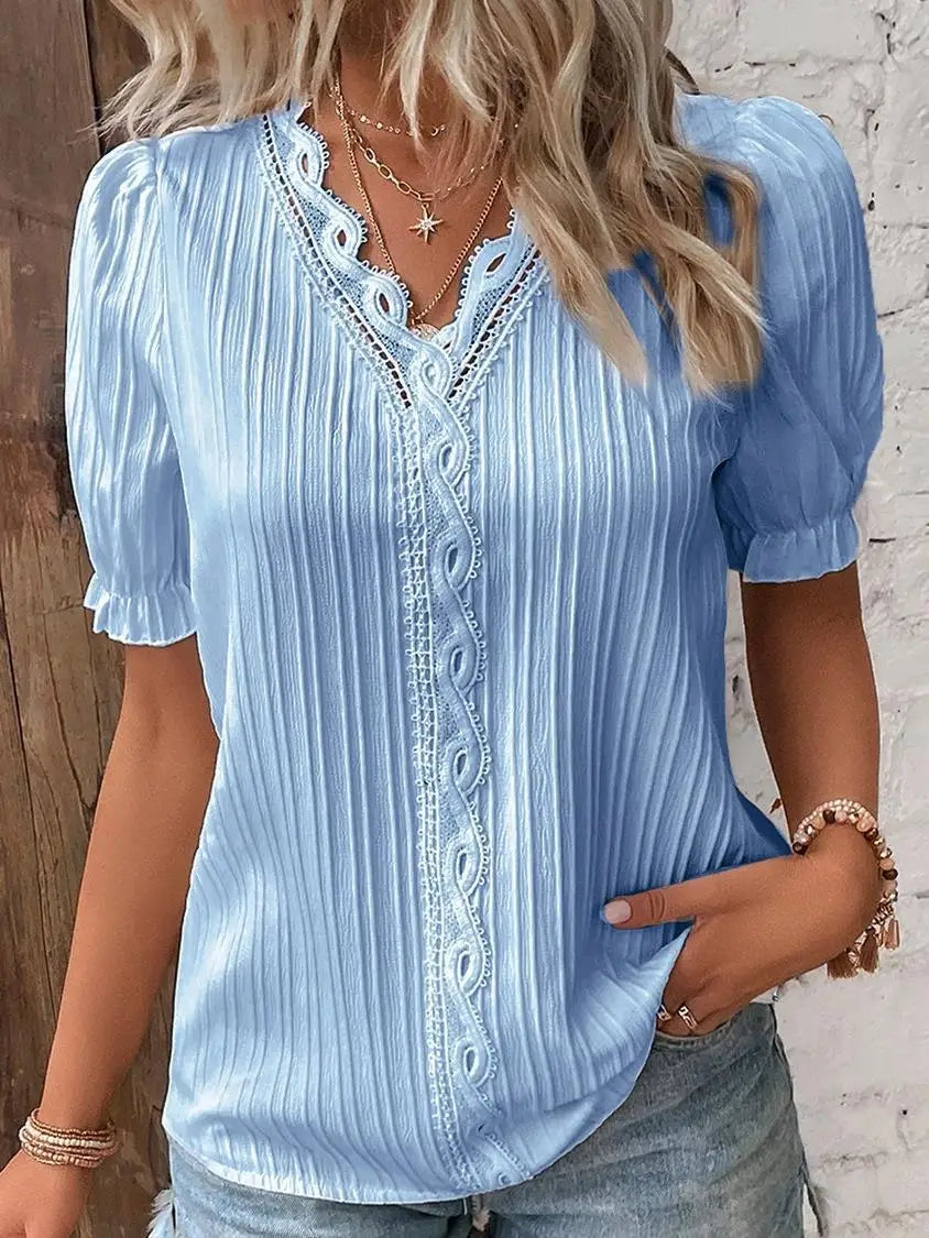 Plus Size Lace Blouse – V-Neck, Short Sleeve, Casual Fit