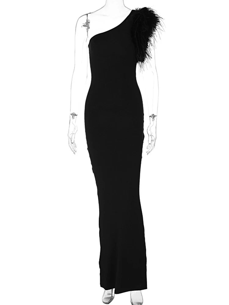 Dulzura Black Feather One-Shoulder Maxi Dress