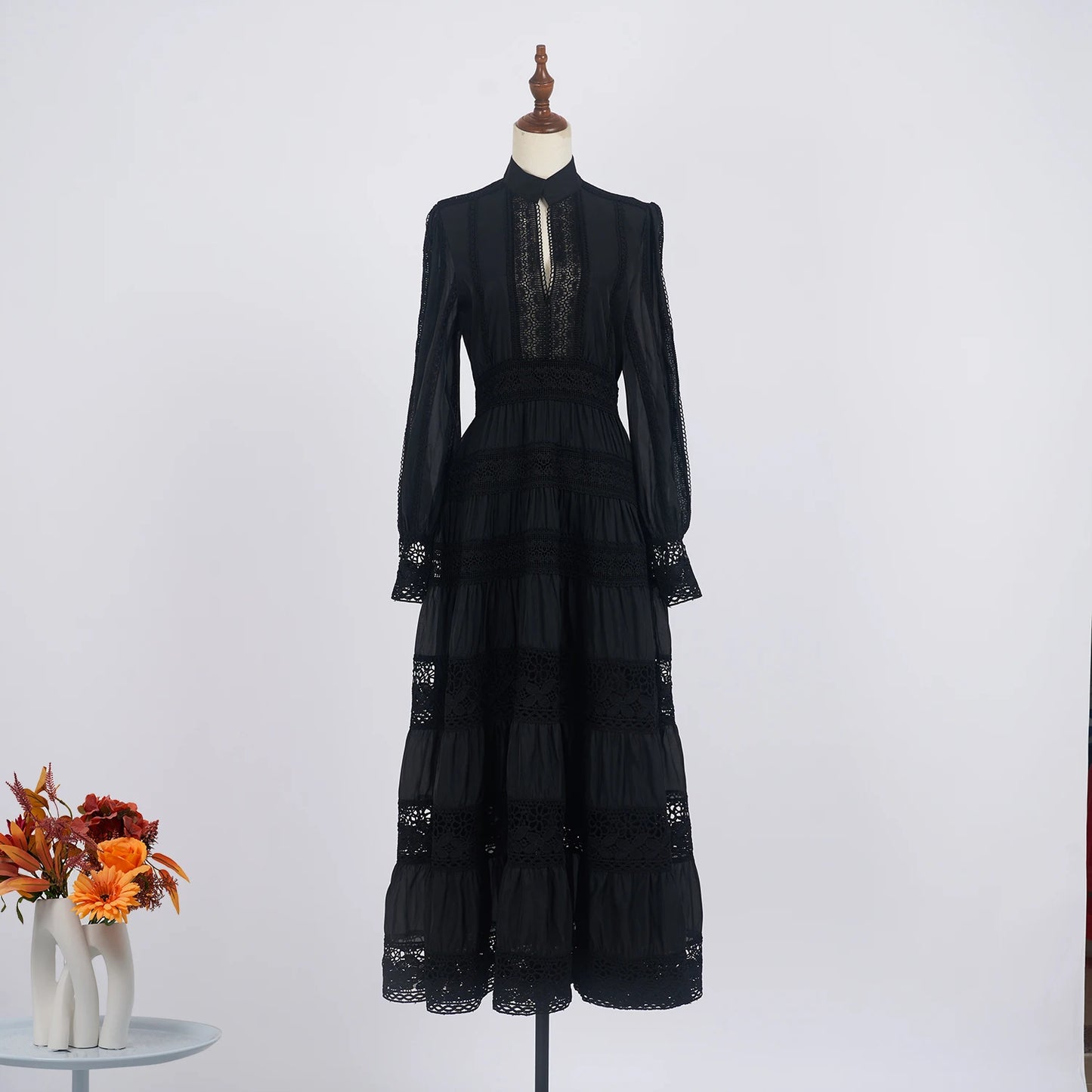 Lace Embroidered Cotton Maxi Dress – Long Sleeve Modest Wedding & Evening Gown for Women