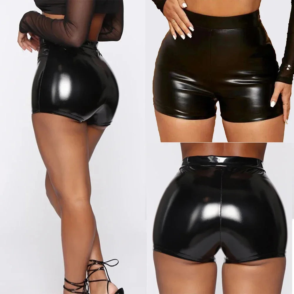 Sexy High-Waist Faux Leather Shorts – Women's Shiny Tight Mini Pants for Nightclub & Party Wear