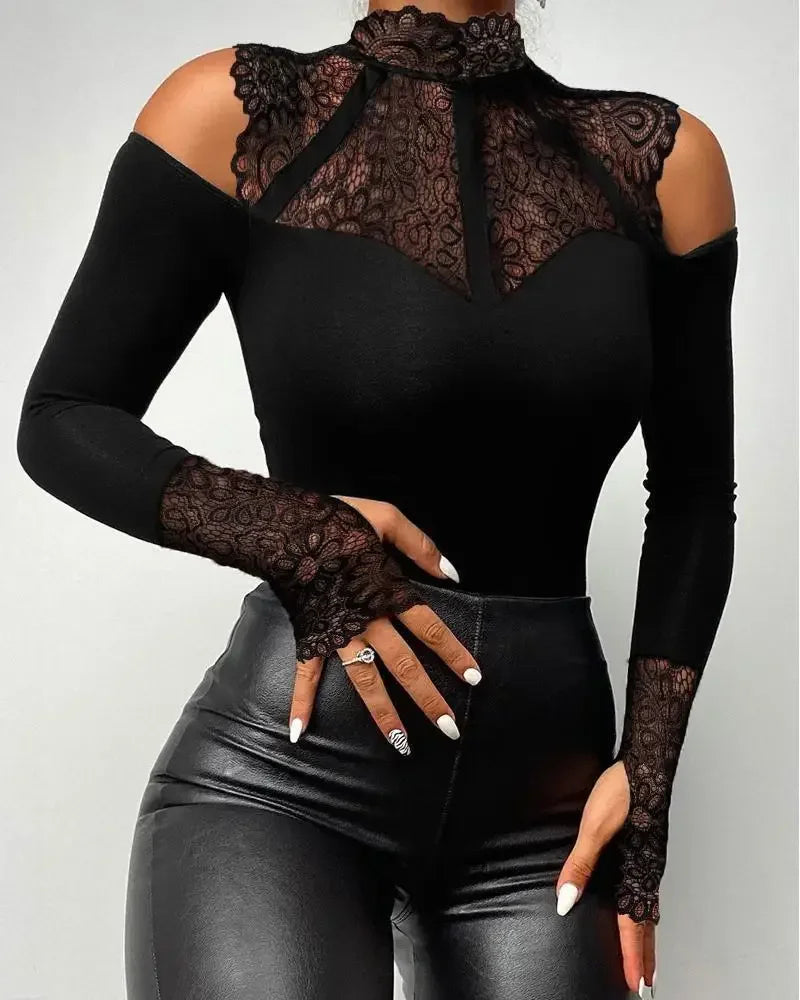 Cold Shoulder Lace Bodysuit – Long Sleeve, Slim Fit